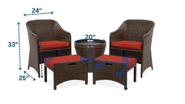 5 Piece Wicker Outdoor Patio Set with Ottoman & Table(Dark brown & Red) - Image 2