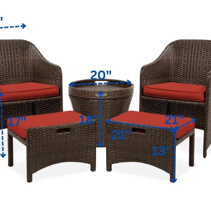 5 Piece Wicker Outdoor Patio Set with Ottoman & Table(Dark brown & Red) - Image 2