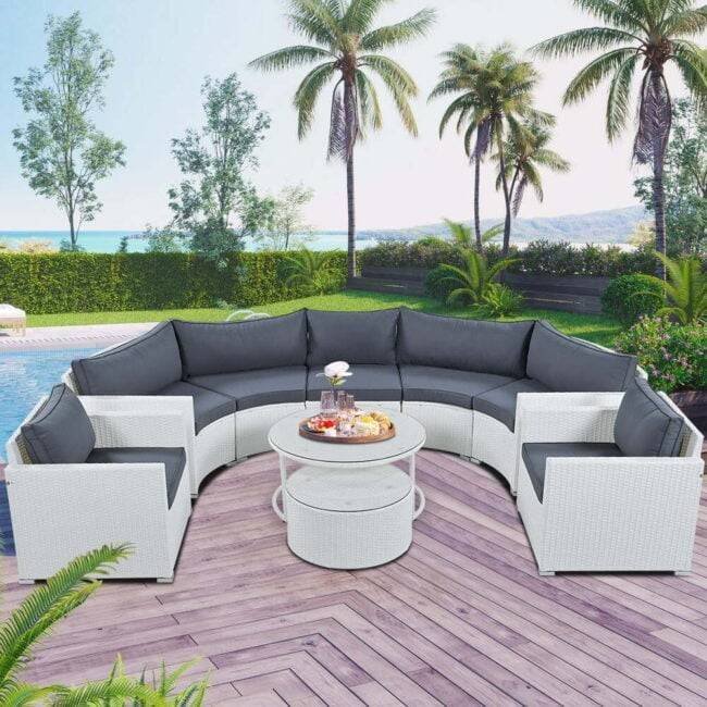 7 Seater Half-Moon Outdoor Wicker Sectional Furniture Conversation Set (White & Dark Grey) - Image 3