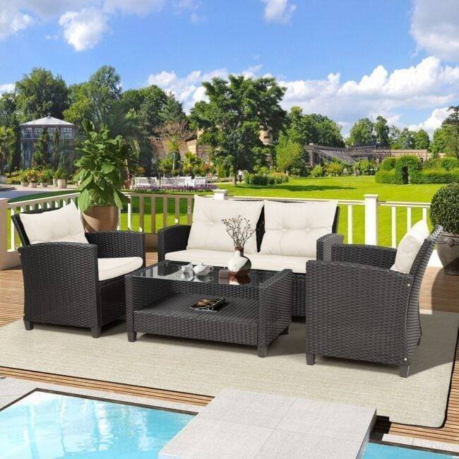4-Piece Outdoor Wicker Sofa Set HDPE Rattan Sofa & Glass Top Center Table(Black & Cream)