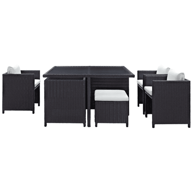 7 Piece Outdoor Wicker Dining Set With Ottoman And Table(Dark Brown & White)Table Without Glass Top - Image 4