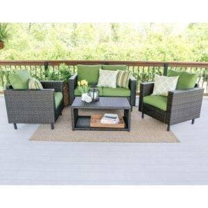 4 Piece Outdoor Patio Wicker Conversation Arm Sofa Set with 2 Tier Center Table (Dark Brown & Green)