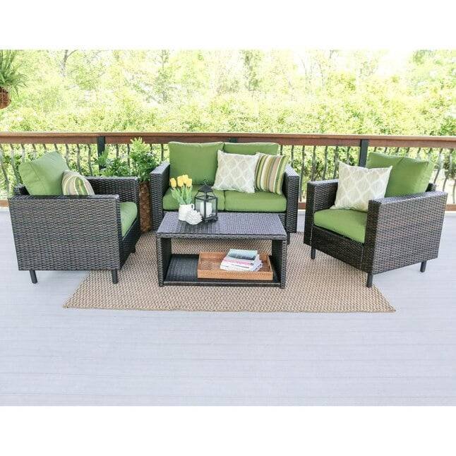 4 Piece Outdoor Patio Wicker Conversation Arm Sofa Set with 2 Tier Center Table (Dark Brown & Green)