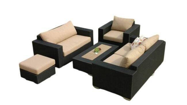 5 Piece Outdoor HDPE Wicker Sectional Sofa Conversation Set with Center Table and Ottoman(Black & Cream) - Image 4