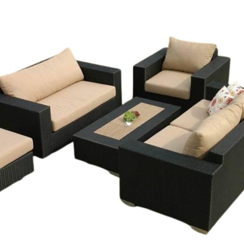 5 Piece Outdoor HDPE Wicker Sectional Sofa Conversation Set with Center Table and Ottoman(Black & Cream) - Image 4