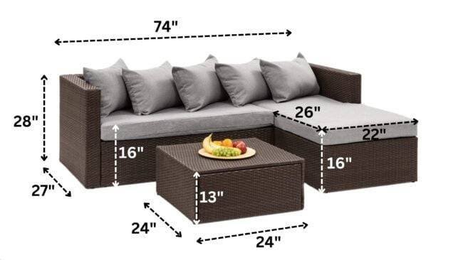 3 Piece HDPE Wicker Rattan All Weather Outdoor Sofa Set (Dark Brown & Grey) - Image 2