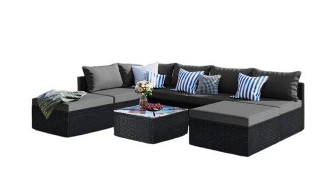 Rattan L-Shape Outdoor Wicker Sofa Couch with Ottoman & Square Glass Top Coffee Table (Black & Grey) - Image 5