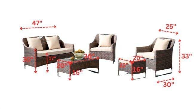 5 Piece Patio Set with Glass Top Coffee Table Rattan Sectional Sofa (Dark Brown & Cream) - Image 2