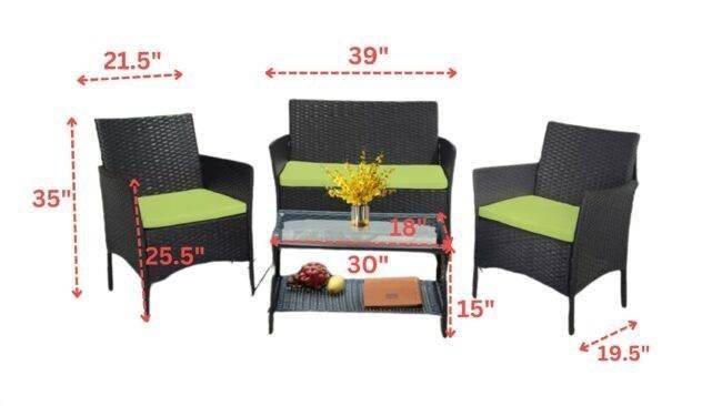 Outdoor 4 Piece All-Weather HDPE Wicker Patio Set with 2-Tier Glass Top Coffee Table (Black & Green) - Image 2