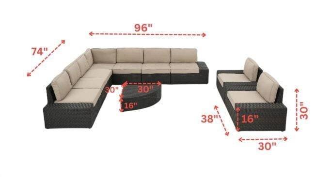 Outdoor L-Shape Wicker Patio Sectional Conversation Set & Coffee Table (Dark Brown & Cream) - Image 2