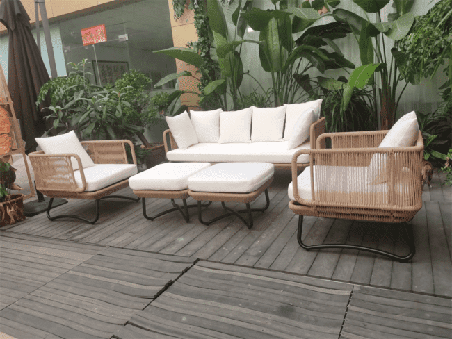 Outdoor 7 Seater Beige Rope Sofa Conversation Set With Ottomans - Image 5