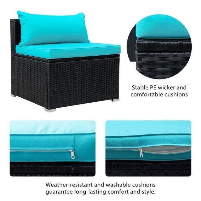 8 Seater Black Rattan Sectional Sofa Set With Sky Blue Cushions - Image 3