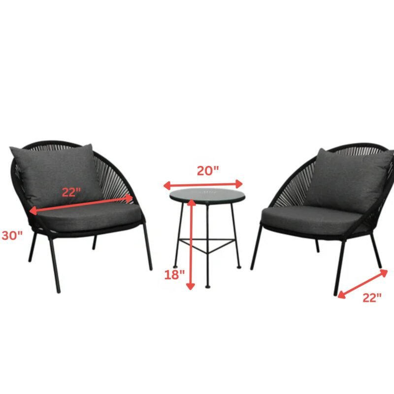 All Weather Rope 3 Piece Garden Patio Furniture (Black & Grey) - Image 3