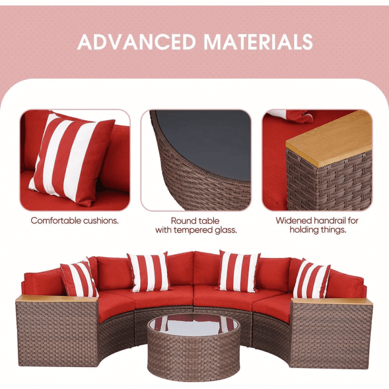 5-Piece Patio Outdoor Half-Moon Wicker Sectional Sofa Set with Wood Top Arm and Round Shape Center Table(Dark Brown & Red) - Image 3