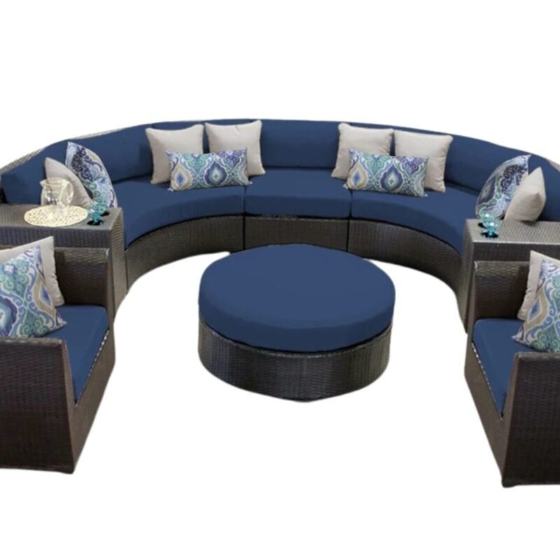 Wicker Half Moon Round Sofa Conversation Set with Ottoman (Dark Brown & Navy Blue) - Image 3