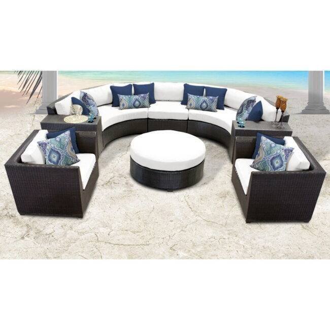 7 Seater Outdoor Indoor Garden Sectional Wicker Half Moon Round Sofa (Dark Brown & White)