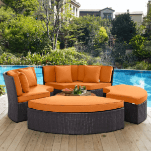 Wicker Outdoor Patio Round Daybed With Coffee Table(Dark Brown & Orange)