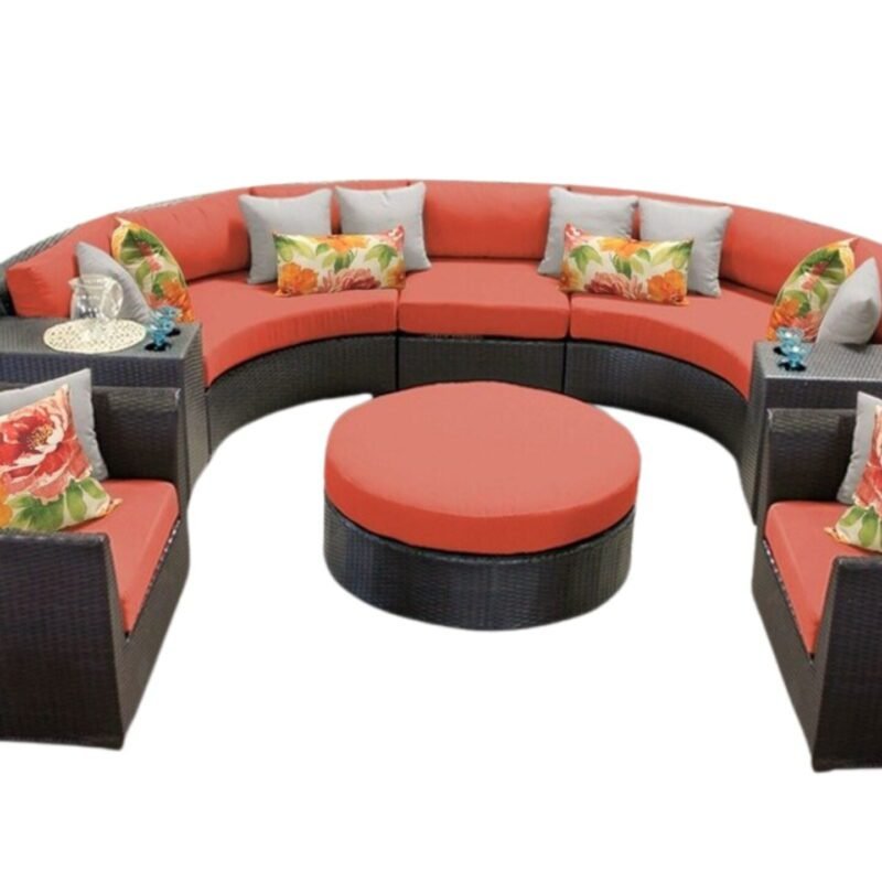 7 Seater Outdoor Indoor Garden Sectional Wicker Half Moon Round Sofa (Dark Brown & Orange) - Image 3