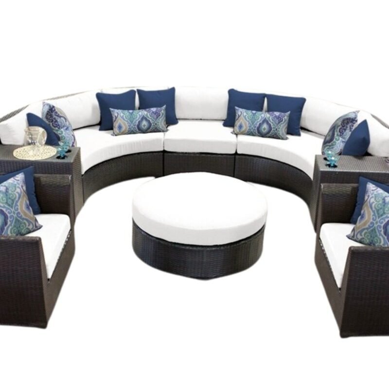 7 Seater Outdoor Indoor Garden Sectional Wicker Half Moon Round Sofa (Dark Brown & White) - Image 3