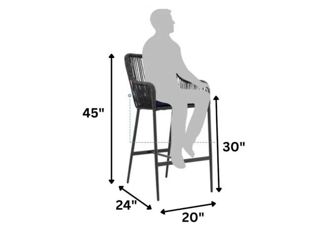 Outdoor Rope 2 Piece Patio Bar Stools With Armsrest & Footrest (Black & Navy Blue) - Image 2