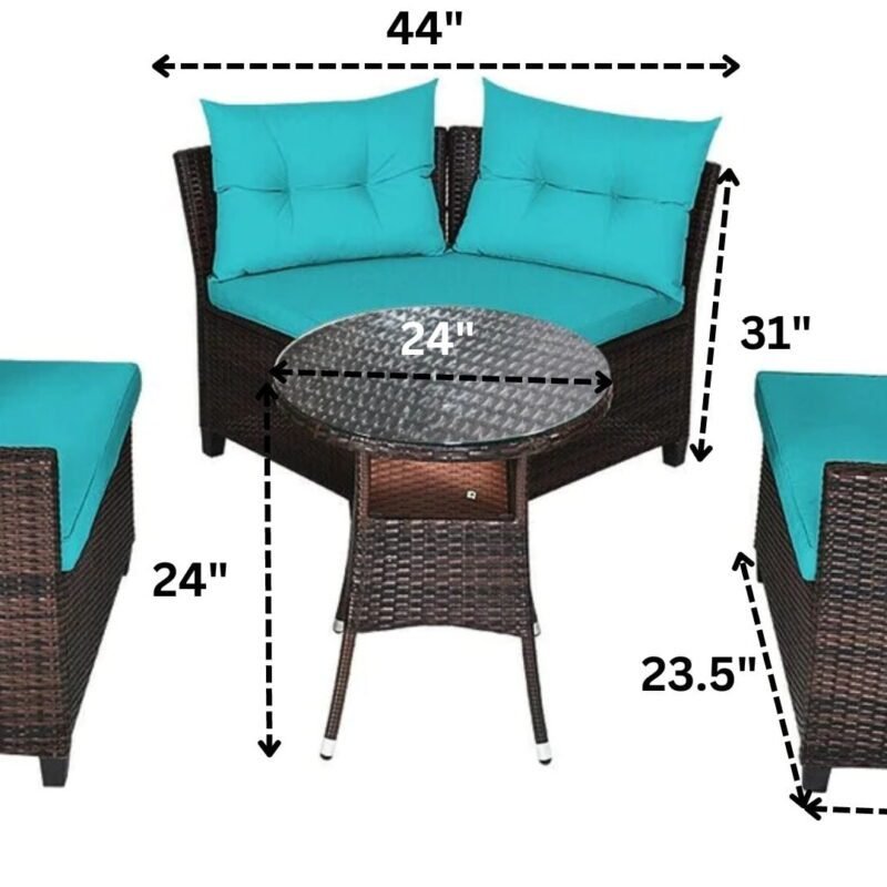 4 Seater Wicker Outdoor Patio Set with Chair Round Glass Top Table(Dark Brown & Sky Blue) - Image 2