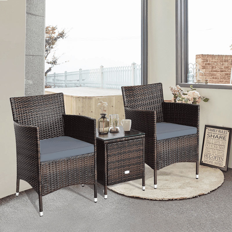 3 Pieces Patio Outdoor Wicker Bistro Set (Dark Brown & Grey) - Image 3