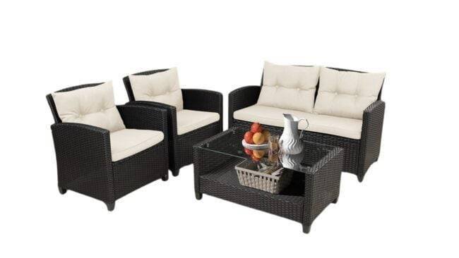 4-Piece Outdoor Wicker Sofa Set HDPE Rattan Sofa & Glass Top Center Table(Black & Cream) - Image 6