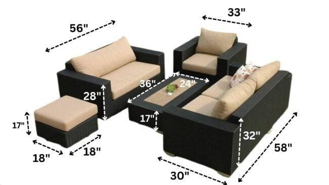 5 Piece Outdoor HDPE Wicker Sectional Sofa Conversation Set with Center Table and Ottoman(Black & Cream) - Image 2