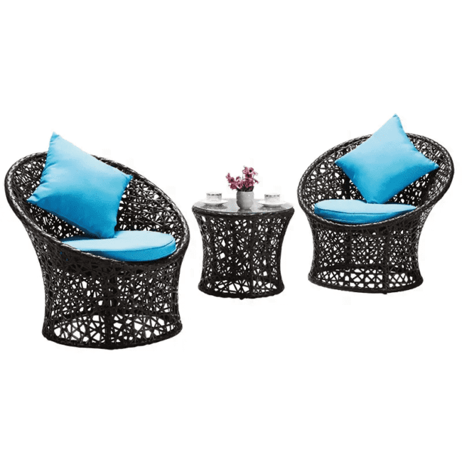 Black & Sky Blue 3-Piece Rattan Patio Set - Image 5
