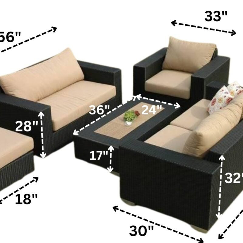 5 Piece Outdoor HDPE Wicker Sectional Sofa Conversation Set with Center Table and Ottoman(Black & Cream) - Image 2