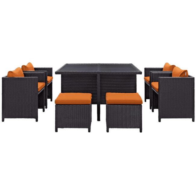 7 Piece Outdoor Wicker Dining Set With Ottoman And Table(Dark Brown & Orange)Table Without Glass Top - Image 3