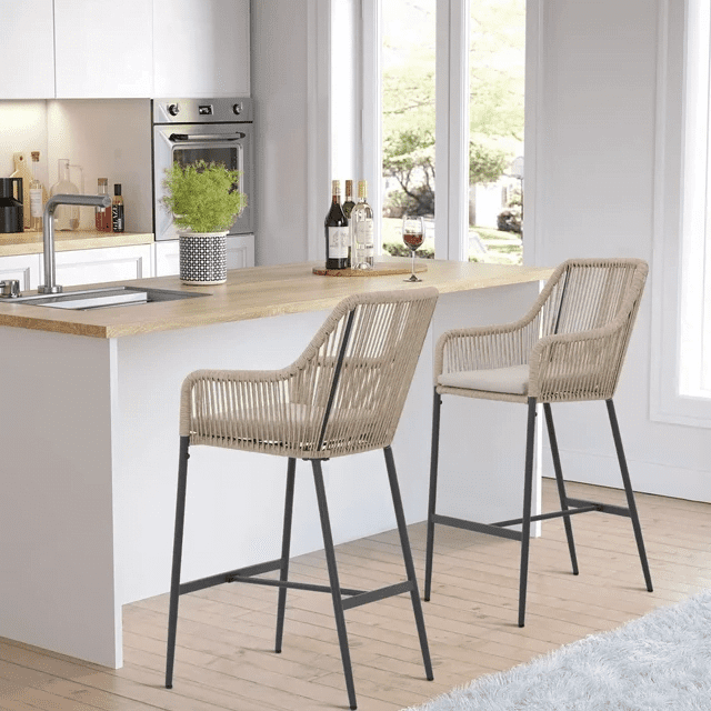 Outdoor Rope 2 Piece Patio Bar Stools With Cushions(Beige & Cream)