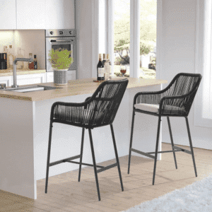 Outdoor Black Rope 2 Piece Patio Bar Stools With Armsrest & Cream Cushion