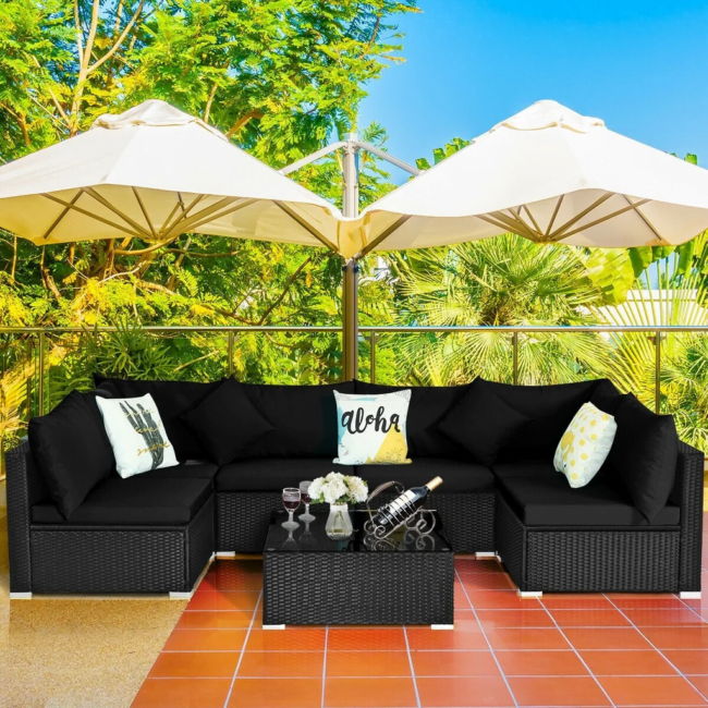 6 Seater Black Wicker Rattan All Weather Furniture with Glass Top Table - Image 3