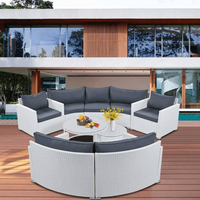 7 Seater Half-Moon Outdoor Wicker Sectional Furniture Conversation Set (White & Dark Grey) - Image 7