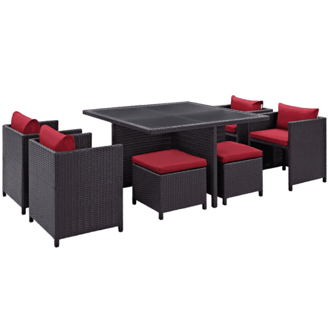 7 Piece Outdoor Wicker Dining Set With Ottoman And Table(Dark Brown & Red)Table Without Glass Top - Image 3