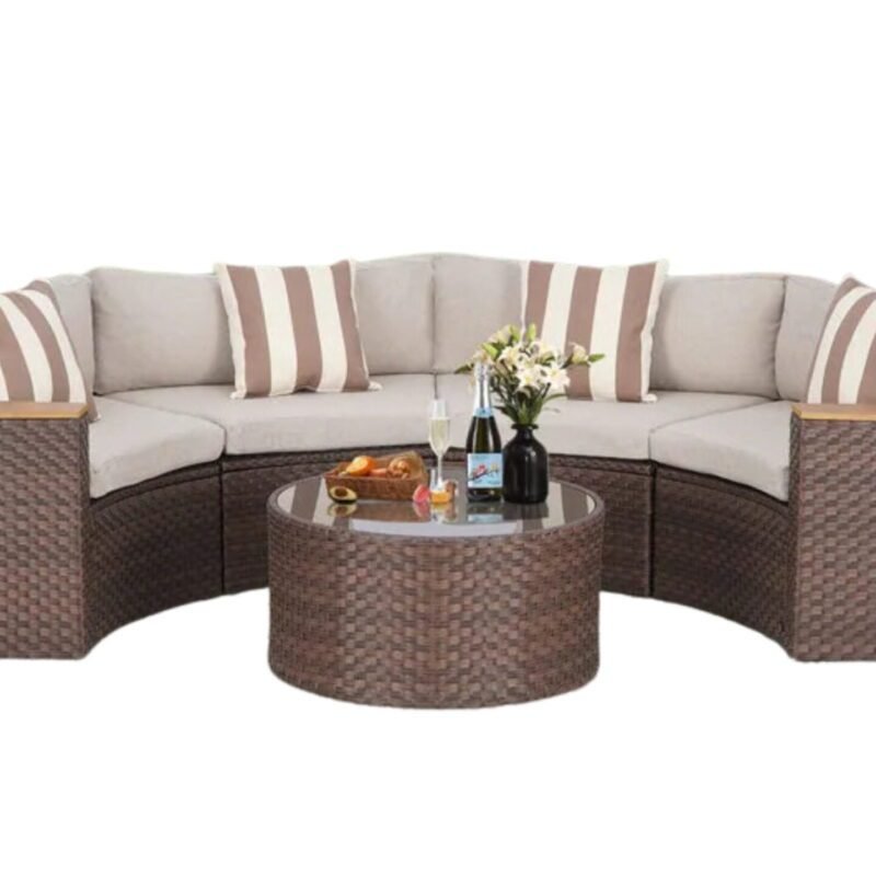 5-Piece Patio Outdoor Half-Moon Wicker Sectional Sofa Set with Wood Top Arm and Round Shape Center Table(Dark Brown & Cream) - Image 4