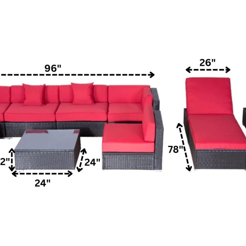 Outdoor 6 Seater Sectional Wicker Sofa Set with Center Table and Waterproof Recliner Lounge Chair(Black & Red) - Image 2