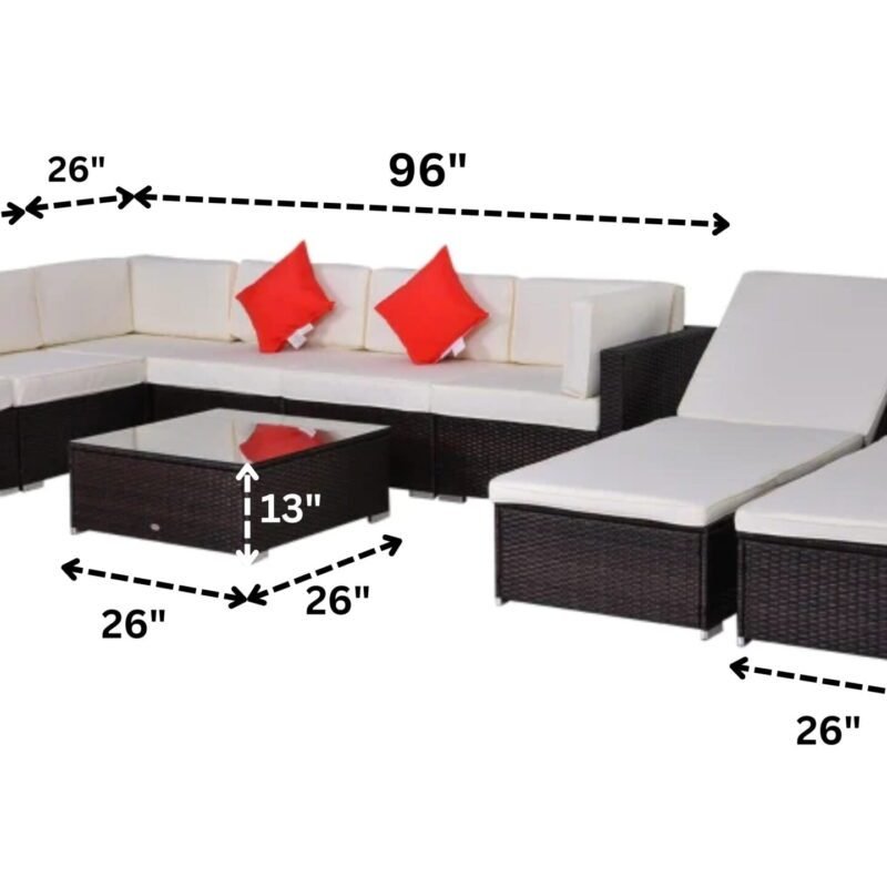 6 Seater Rattan Patio Outdoor Conversation Sofa Set with Center Table and Waterproof Recliner Lounge Chair(Dark Brown & White) - Image 2