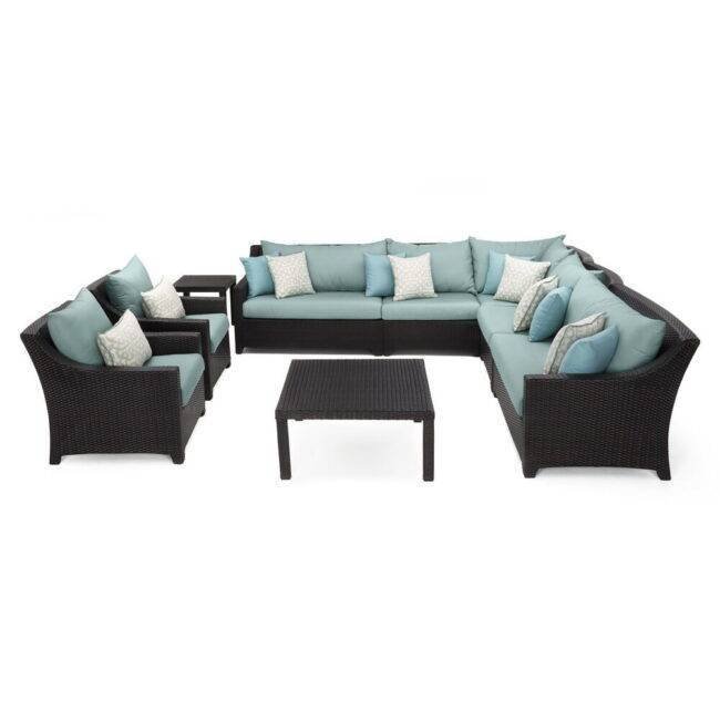 Wicker Rattan Outdoor 9 Seater Sectional Sofa Conversation Set with Side and Center Table(Dark Brown & Sky Blue) - Image 5