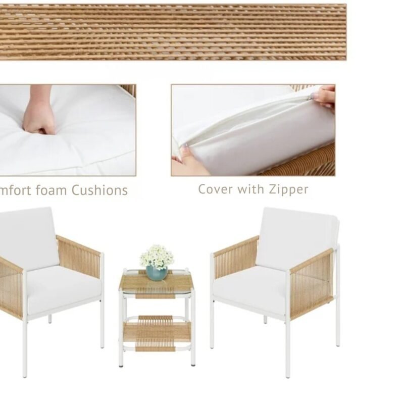 3 Piece Patio Outdoor Beige Rope Sofa Set - Image 5
