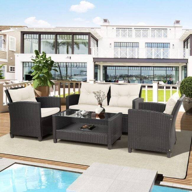 4-Piece Outdoor Wicker Sofa Set HDPE Rattan Sofa & Glass Top Center Table(Black & Cream) - Image 3