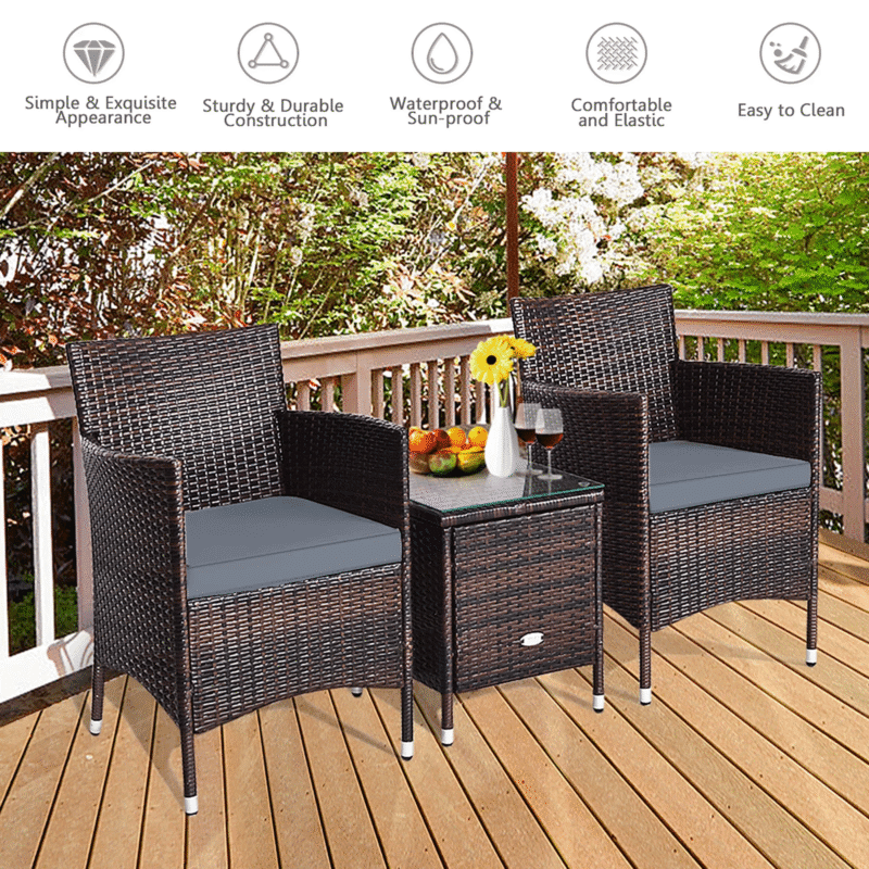 3 Pieces Patio Outdoor Wicker Bistro Set (Dark Brown & Grey) - Image 4