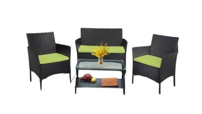 Outdoor 4 Piece All-Weather HDPE Wicker Patio Set with 2-Tier Glass Top Coffee Table (Black & Green) - Image 8