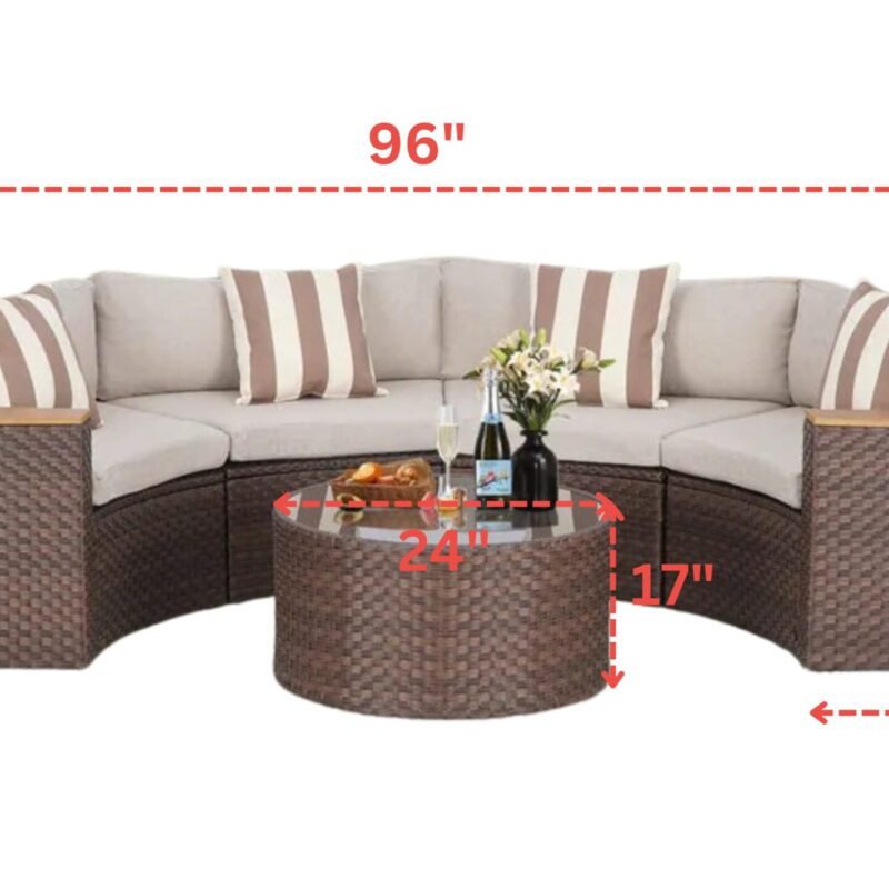 5-Piece Patio Outdoor Half-Moon Wicker Sectional Sofa Set with Wood Top Arm and Round Shape Center Table(Dark Brown & Cream) - Image 2