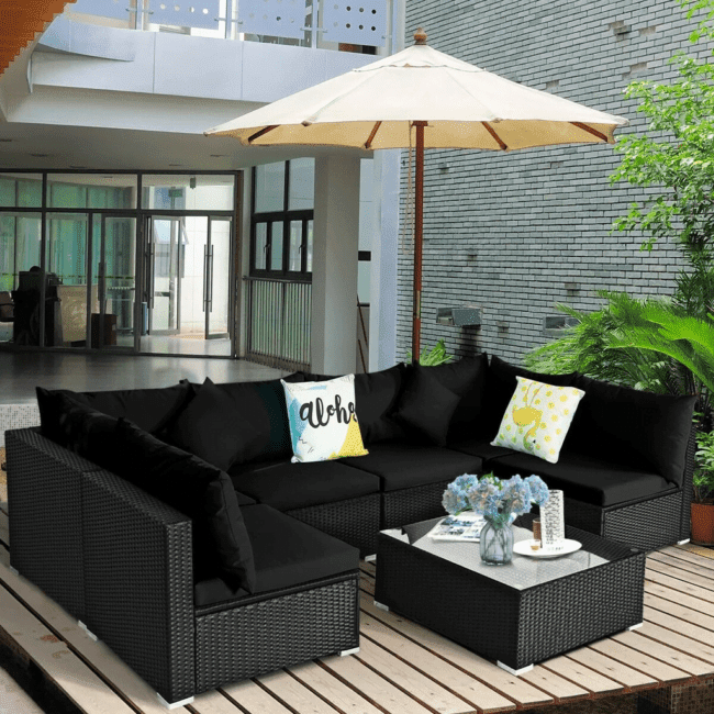 6 Seater Black Wicker Rattan All Weather Furniture with Glass Top Table - Image 4