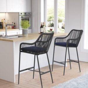 Outdoor Rope 2 Piece Patio Bar Stools With Armsrest & Footrest (Black & Navy Blue)