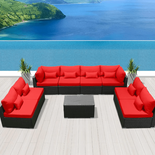 8 Seater Rattan Wicker Outdoor Conversation Sectional Sofa Set (Black &Red)