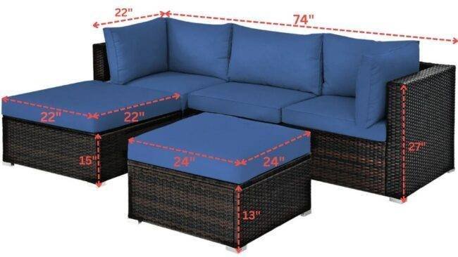 3 Piece HDPE Wicker Rattan Garden Outdoor Sofa Furniture Set with Ottoman (Dark Brown & Blue) - Image 2
