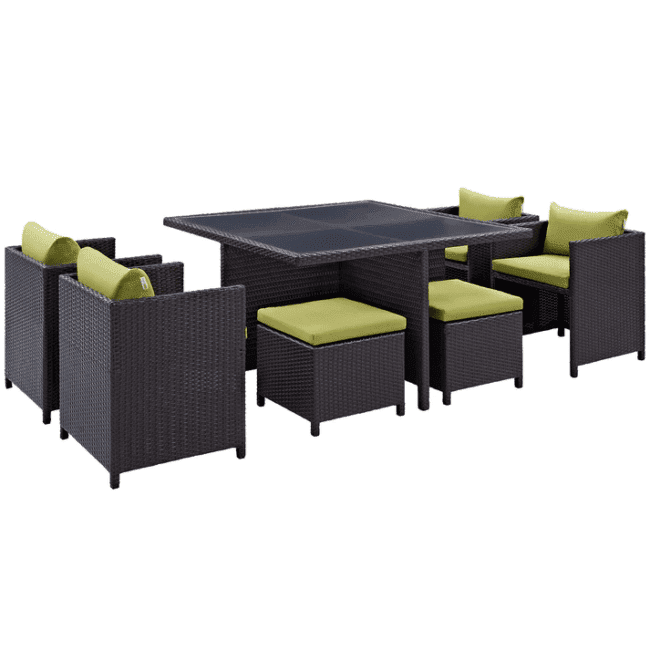 7 Piece Outdoor Wicker Dining Set With Ottoman And Table(Dark Brown & Green)Table Without Glass Top - Image 3